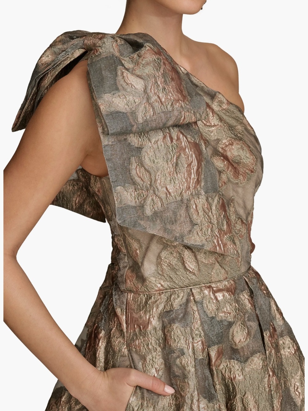 One-Shoulder Metallic Floral Ball Gown in Taupe and Rose - Picture 5 of 9